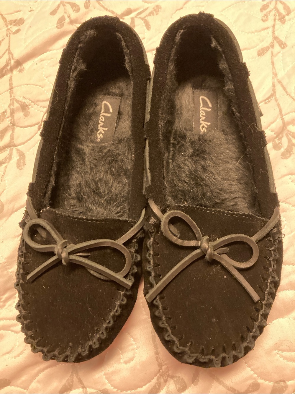 Clarks Women's Black Suede Moccasin Slippers with Bow